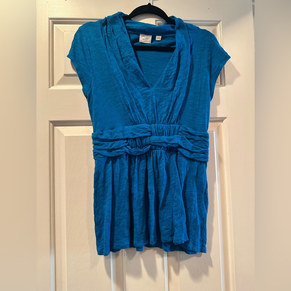 Anthropologie Teal Gathered Waist Blouse